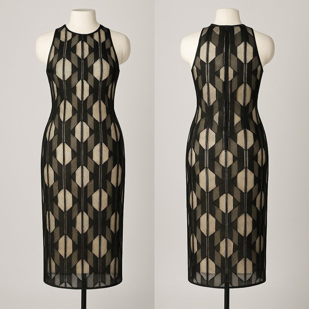 Boss Runway Edition Black Sheer Geometric Midi Dress Size 38 / US 6